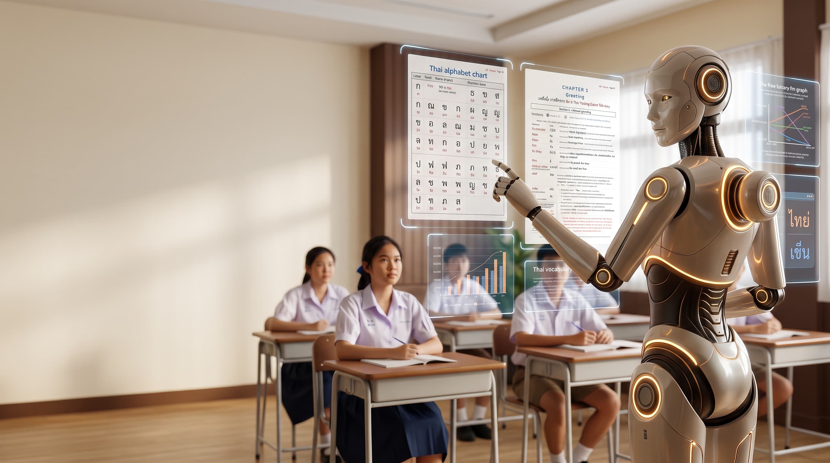 หุ่นยนต์ AI กำลังสอนหนังสือนักเรียนในห้องเรียน